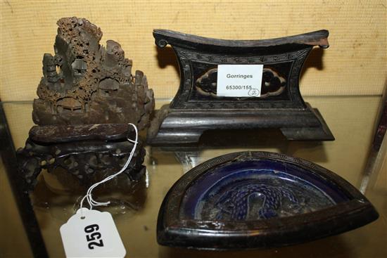 Chinese soapstone carving, a pottery plaque and wooden stand